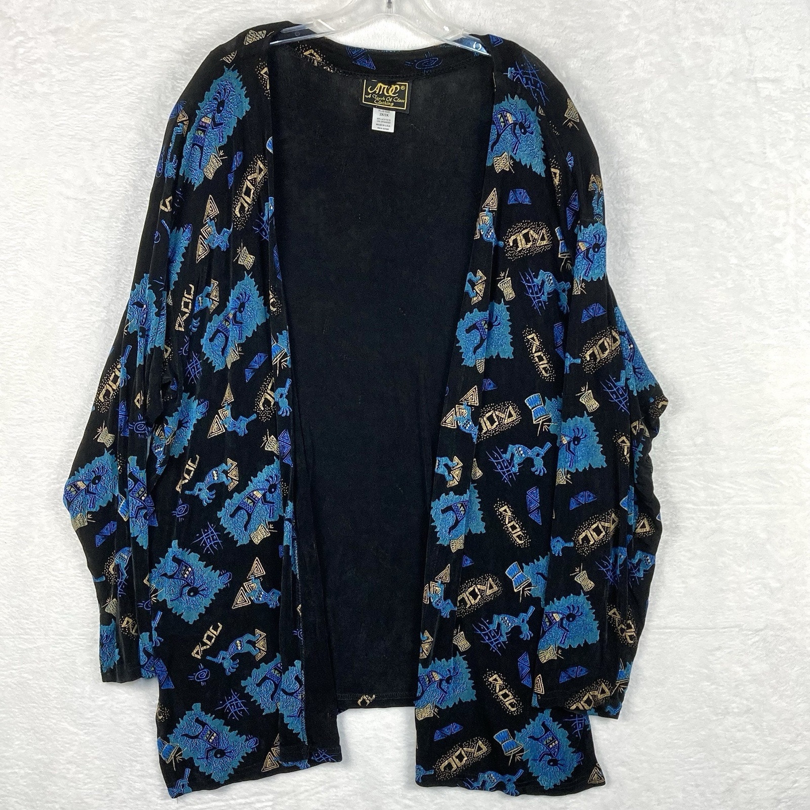 Vtg Kimono Cardigan Womens 3x Black Blue Boho Hippie Festival Japanese Asian 90s